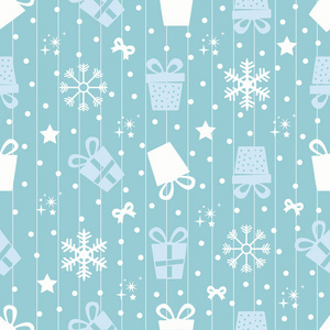在蓝色的背景 礼物 雪花 星星上的无缝圣诞模式。