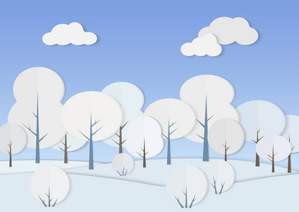 矢量图的箱板纸森林与树木和灌木丛中雪。冬季低聚景观