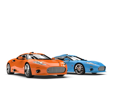 令人惊叹的橙色和蓝色的现代超级跑车照片美容