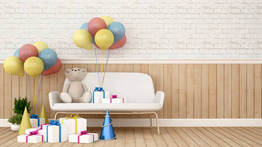 气球在沙发上忍受和礼物在孩子房间3d 渲染