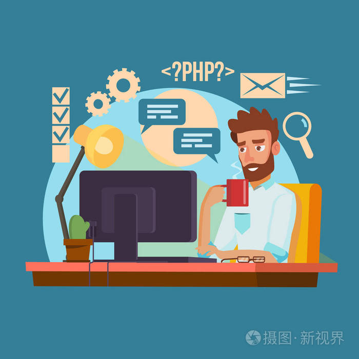 程序员的男人矢量.经典的专业程序员编码的男人.软件程序员键入代码.