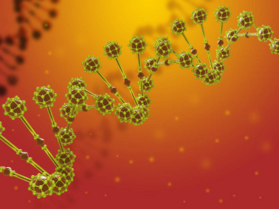 在生物的橙色空间的抽象 Dna 螺旋三维图