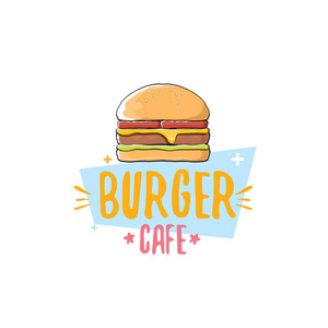 矢量卡通汉堡咖啡馆 logo 设计模板与汉堡包。标签设计元素或汉堡房子徽标