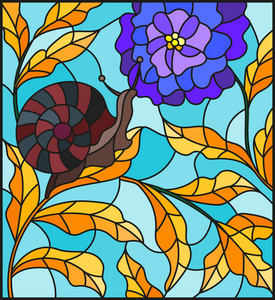 在彩色玻璃风格与蜗牛和蓝色的花，绿党反对图