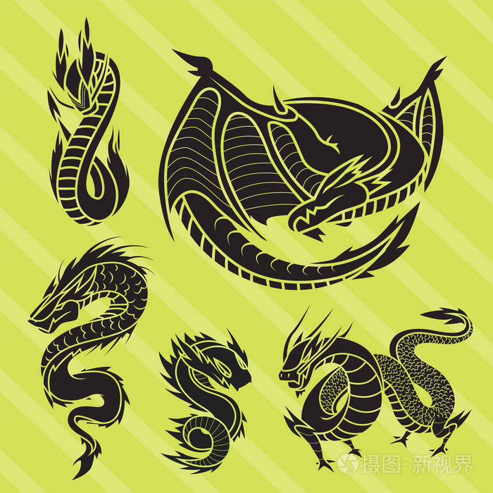 中国龙剪影纹身神话尾巴怪兽魔术图标亚洲动物艺术矢量插画