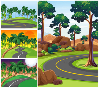四个场景与道路和森林