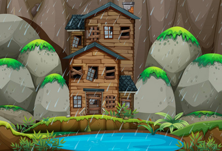 倒塌的房屋，坐在池塘边在阴雨季节
