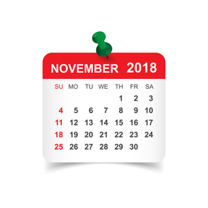 11 月 2018年日历。日历贴纸设计模板。周 s
