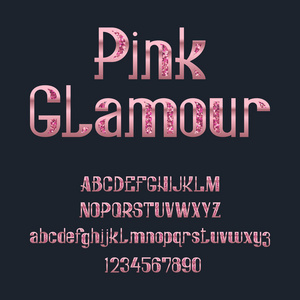 粉红色的魅力字体。闪闪发光的玫瑰字体。孤立华丽英文大写字母和小写字母字母与数字