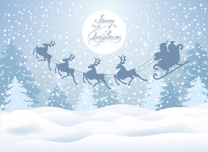 圣诞贺卡与圣诞老人雪橇与驯鹿团队飞