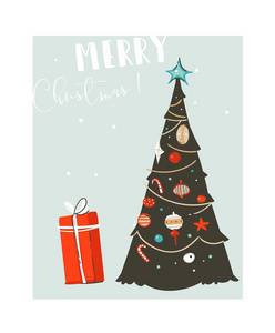 绘制的矢量抽象有趣圣诞时间卡通图卡与圣诞树和圣诞惊喜礼品盒隔离在蓝色背景的手