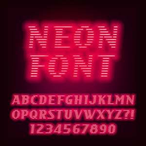 红色的霓虹灯管字母字体。霓虹色斜字母和数字