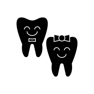 牙齿护理快乐齿图标，矢量图中，黑色标志上孤立的背景