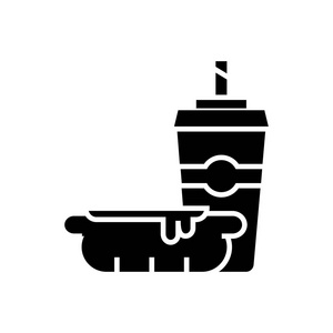 热狗与咖啡杯快餐图标矢量上孤立背景图中，黑色标志