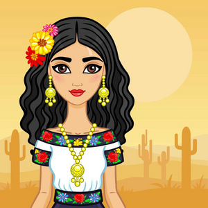 动画肖像的年轻的墨西哥女孩穿着古代的衣服。背景与仙人掌沙漠。矢量图。一张卡，一张海报，邀请，文本的地方