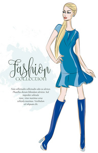 时尚女孩穿蓝色连衣裙, 素描风格的妇女模型与文本模板, 矢量插图
