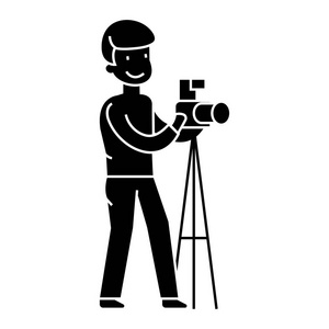 摄影师用相机和三脚架 摄影工作室图标，矢量图，登录孤立背景