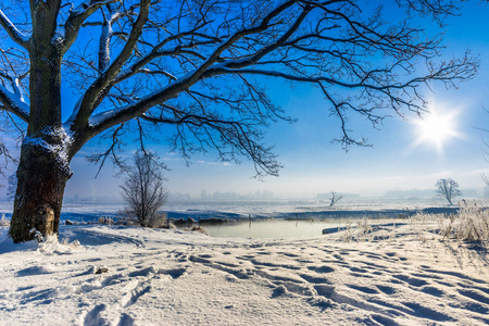 冬季的自然风光与土地上的田野与雪在河和太阳照耀在天空在早晨在晴朗的天气