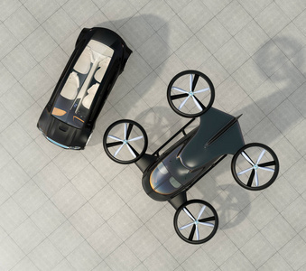 顶视图的自动驾驶汽车和乘客无人机在地上停车
