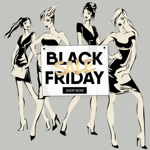 黑色星期五销售横幅与时尚女孩, 美丽的女人模型社会媒体广告网页模板收集。网站的矢量插图, 移动横幅, 海报