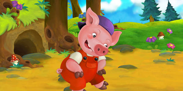 卡通场景与可爱的猪走在森林，彩色插图儿童