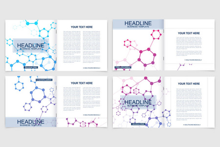 方形宣传册的模板。单张封面演示文稿。商业，科学，技术设计书布局。科学分子背景