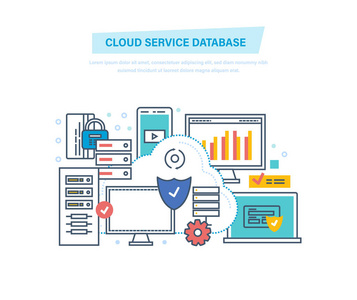 云服务数据库。计算，网络。数据存储设备，媒体服务器