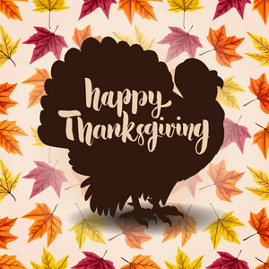 感恩节快乐。手绘字样的背景与叶子和土耳其剪影。卡 海报 横幅的设计元素。矢量图