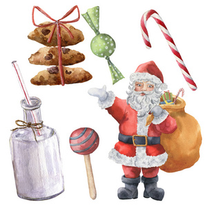 水彩的圣诞老人和圣诞糖果。手绘圣诞字符与瓶的牛奶 糖果 饼干用丝带白色背景上分离。设计 织物的假日打印