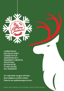 快乐圣诞贺卡或海报模板与鹿。矢量图