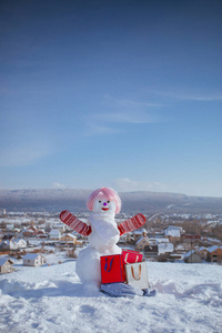 雪人在粉红色的假发和连指手套与礼品包