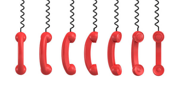 从他们黑色的绳索挂在白色背景上的几个红色的复古电话接收器 3d 渲染
