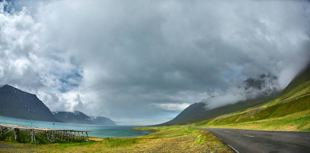 美丽的冰岛景观与前景及山场和峡湾中的背景