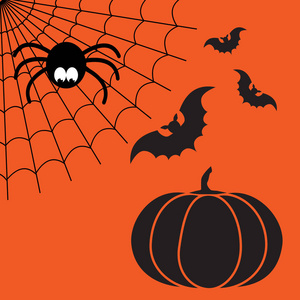 黑色和橙色矢量卡通孤立的蜘蛛网，有趣的蜘蛛，飞行的蝙蝠和南瓜。简单的图像与蛛网万圣节派对