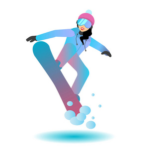 滑雪板卡通女性字符 illustraion。女人在滑雪板上跳跃