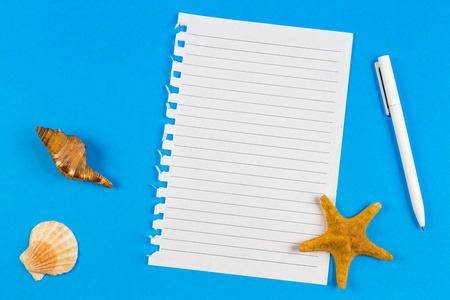 从笔记本 贝壳和海星在蓝色背景页撕掉了。度假旅游概念
