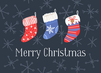 手拉卡与圣诞袜的礼物和文本圣诞快乐。假期背景。抽象涂鸦画。矢量艺术插画