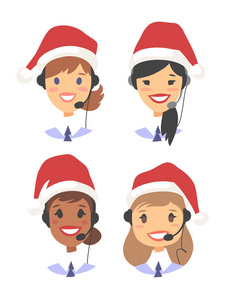 笑脸微笑的女性客户支持电话运营商在圣诞帽。Callcenter 有耳机的工人。卡通矢量插画女特工