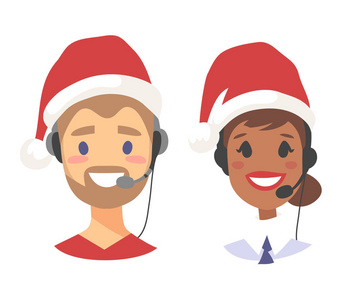 笑脸微笑的客户支持电话运营商在圣诞帽。Callcenter 有耳机的工人。卡通矢量插画代理