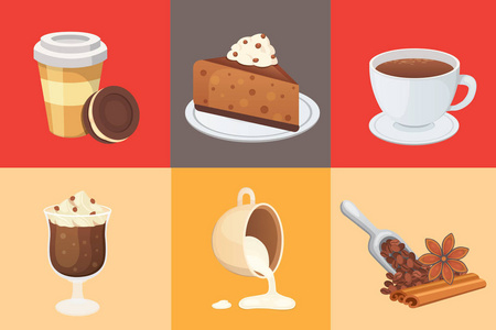 咖啡和甜点孤立的矢量图。不同的饮料类型包括咖啡，玛奇朵咖啡，巧克力