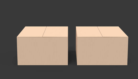两个浅棕色3渲染纸盒并排放置，孤立的黑暗背景