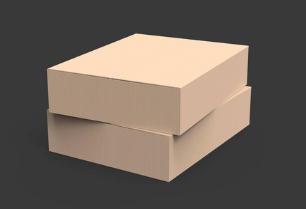 两个浅棕色平面3渲染纸盒堆叠孤立的黑暗背景左倾斜