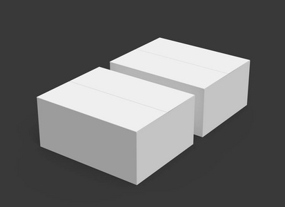两个灰色3绘制纸盒并排放置，孤立的黑暗背景，右倾