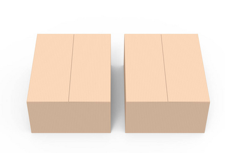 两个浅棕色3渲染纸盒并排放置，孤立的白色背景