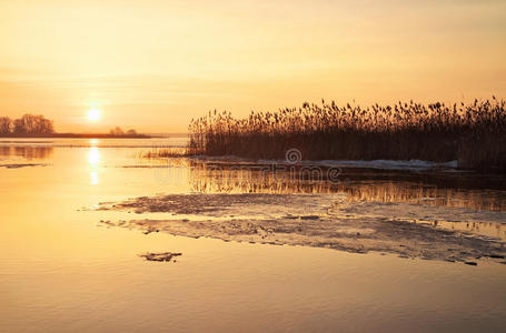 有河流，芦苇和日落天空的冬季景观。