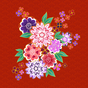 红色背景的装饰性和服花卉图案