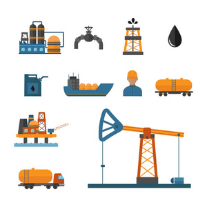 矿物油石油提取生产运输厂后勤装备矢量图标插画
