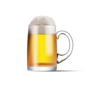 白色背景的啤酒和泡沫玻璃杯