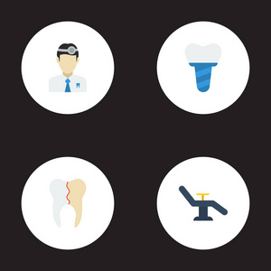 平面图标治疗, 植入, 矫正和其他向量元素。一套牙齿平面图标符号也包括牙齿矫正, 治疗, 椅子对象