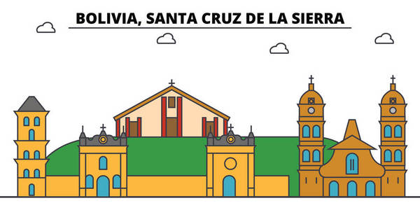 玻利维亚, 圣克鲁斯德拉山脉轮廓城市天际线, 线形插图, 横幅, 旅游地标, 建筑物剪影, 矢量